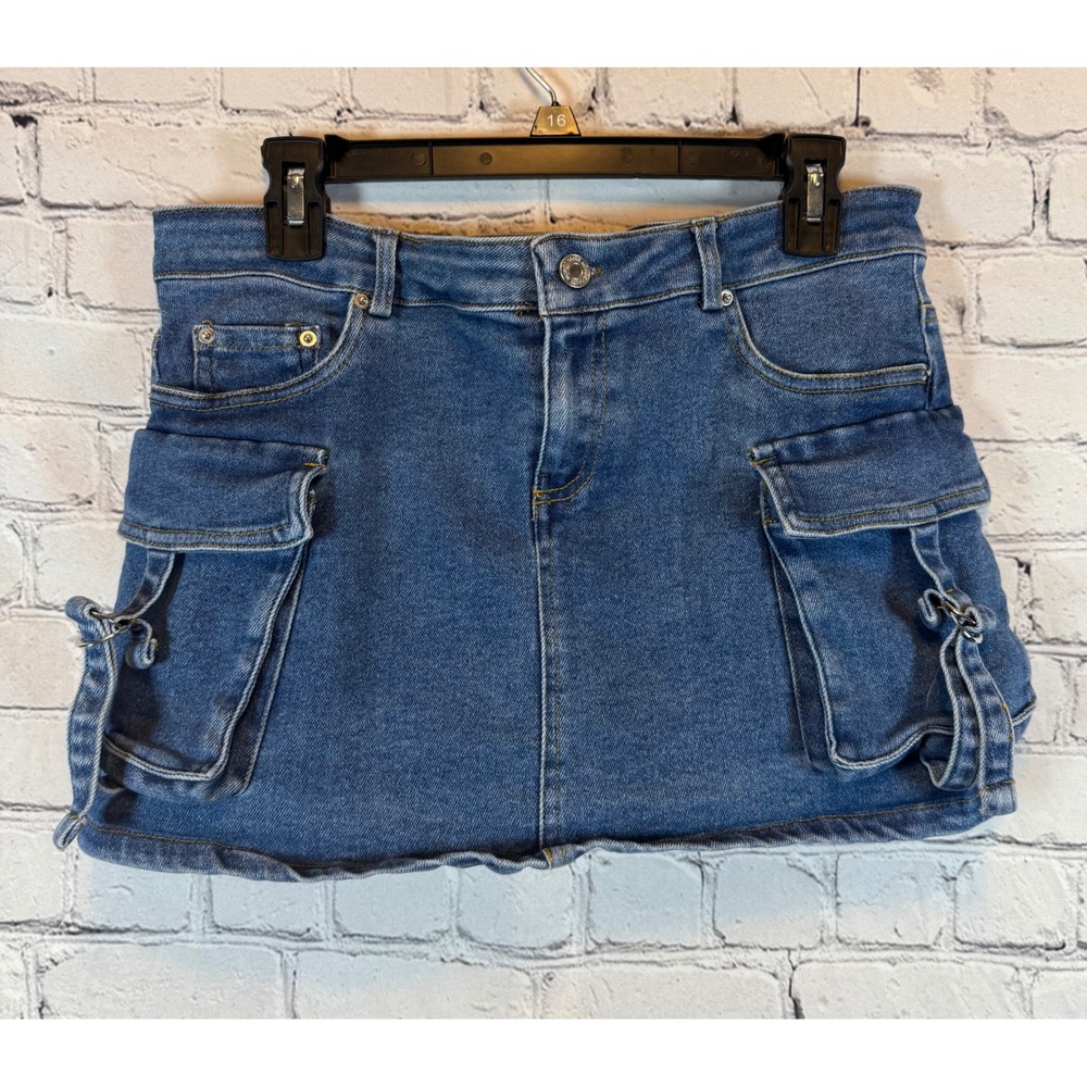 Haute Monde Denim Mini Skirt Blue Low‎ Rise Pocketed Utility Jean Skirt Womens L